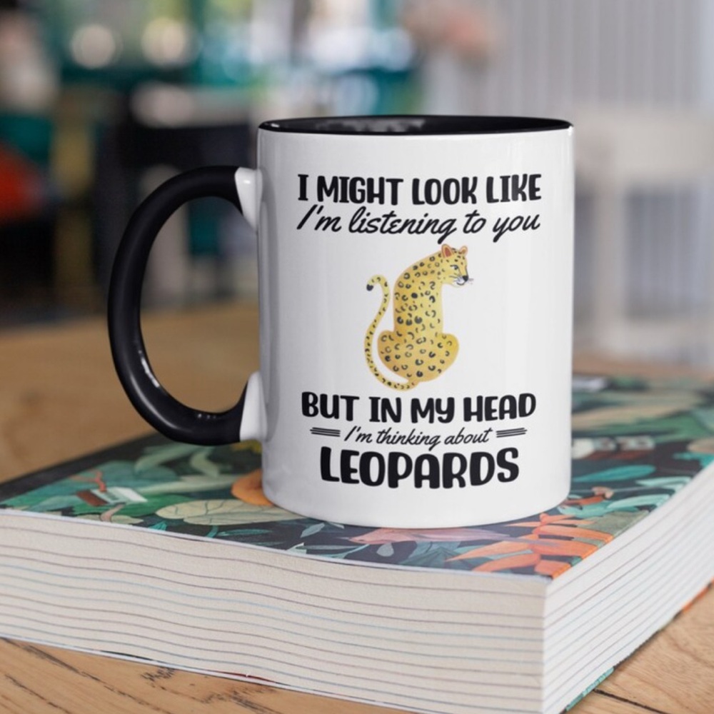 Leopard Lover Coffee Mug NIB I Might Look Like I’m listening 🐆 White + Black